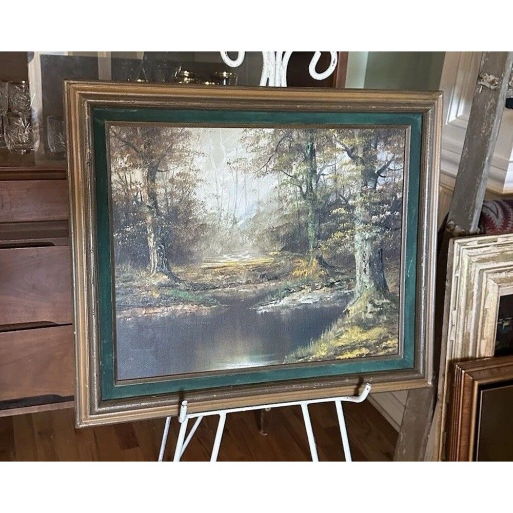 Original Vintage Framed Oil Painting of Fall Forest Over Water Scene 24 by 21